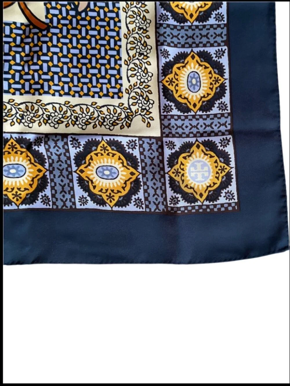 Tory Burch 35” Silk Square Scarf Floral Print Navy Orange Blue Design Tiger Lily